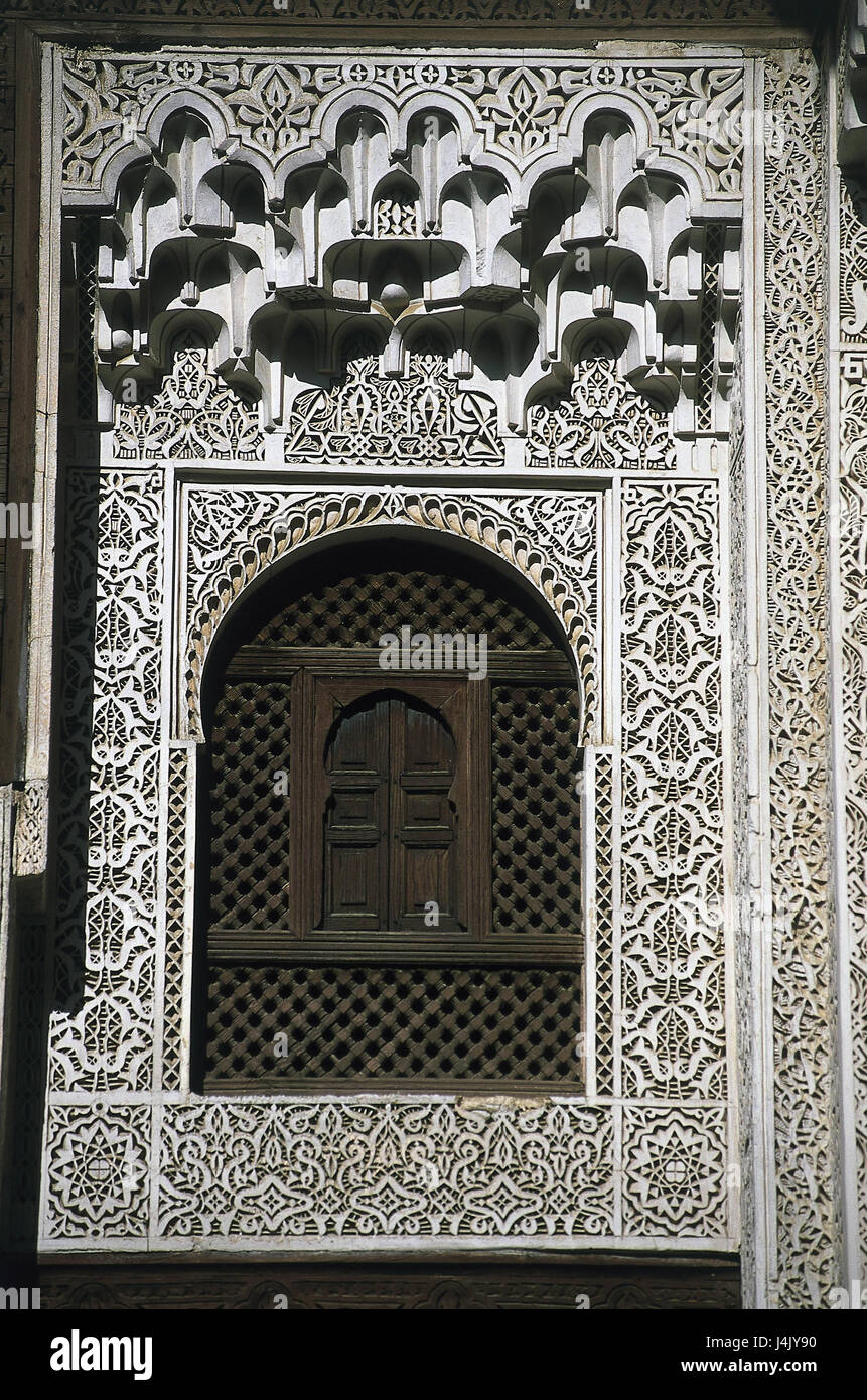 Maroc, Meknès, Medersa Bou-Inania, façade, détail, l'Afrique, centre provincial de la construction, de la structure, sacré Gipsstuckatur, fenêtre, de la culture, de l'endroit d'intérêt Banque D'Images