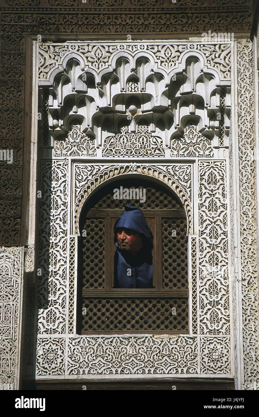 Maroc, Meknès, Medersa Bou-Inania, façade, fenêtre, l'homme, l'Afrique, centre provincial de la construction, de la structure, sacré Gipsstuckatur, fenêtre, local, marocain, voir, de la culture, de l'endroit d'intérêt Banque D'Images