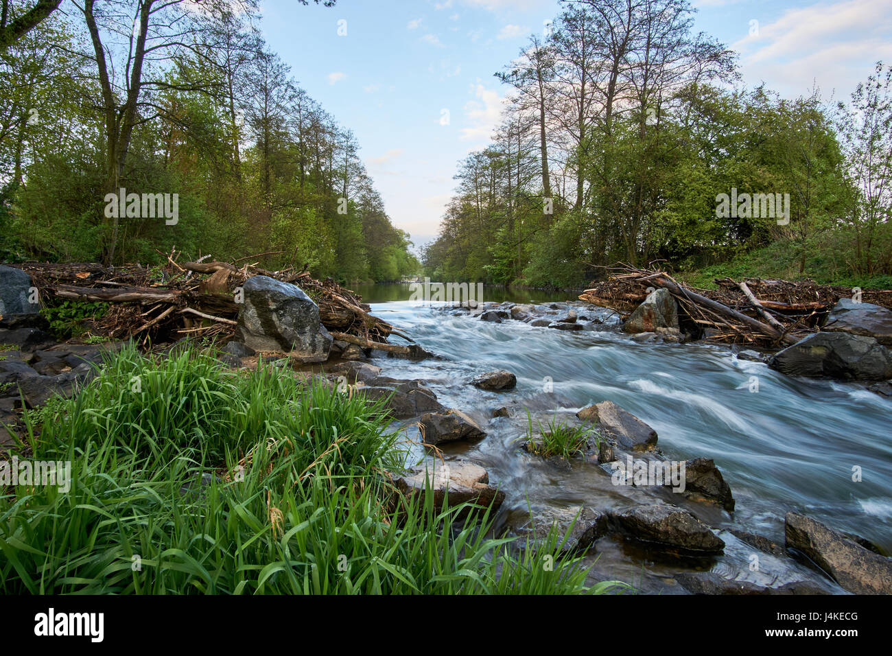 Une longue exposition à partir d'une rivière idyllique, flottante avec des pierres et de l'herbe au premier plan. Banque D'Images