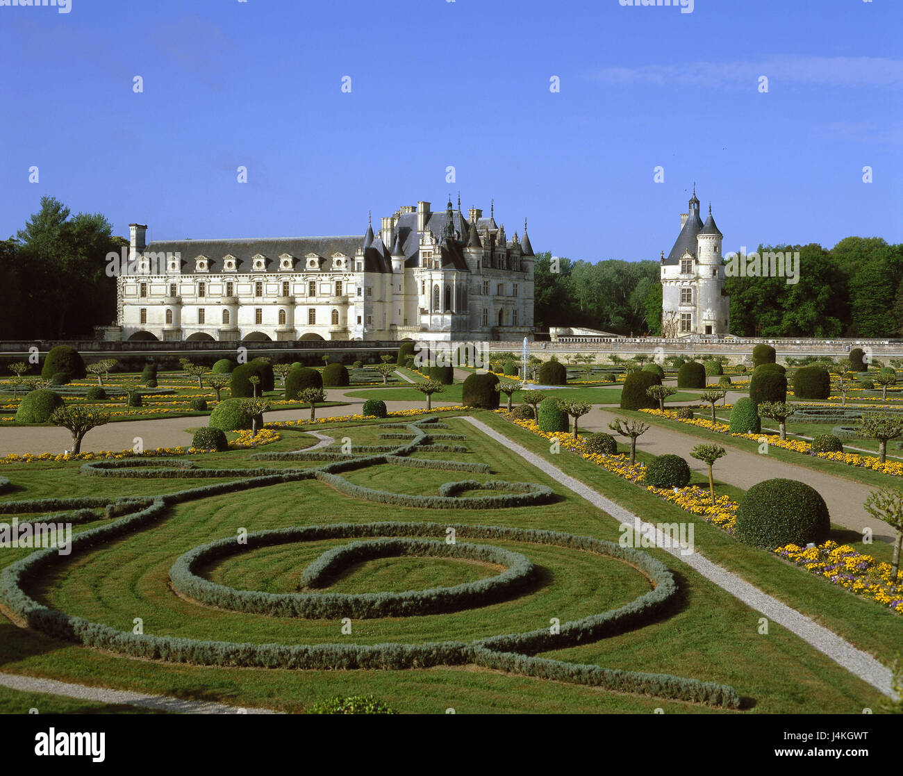 France, Loire, Touraine, Chateau de Villandry, de l'Europe jardin, Département Loiret, région du Centre, avenue V de la Loire, Loiretal, Indre-et-Loire, point d'intérêt, verrouiller, lap attachment, construit en 1536, le jardin Renaissance, jardin, jardins, de la Renaissance, le jardin ornemental, parc, parc du château, les plantes, la plantation, la décoration, le monument Banque D'Images