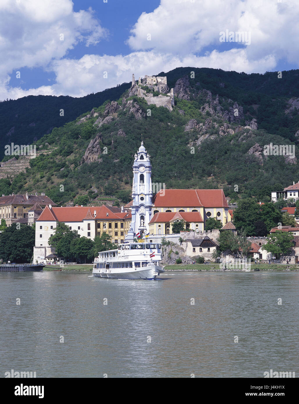 L'Autriche, Basse Autriche, Wachau, Dürnstein, collégiale, baroque, les ruines du château, le Danube, excursion steamer ville, ruine, captivité le roi Richard Löwenherz en 1192-1103, l'ancien. L'augustinien de la plume du canon, l'église, flux flux Danube Banque D'Images