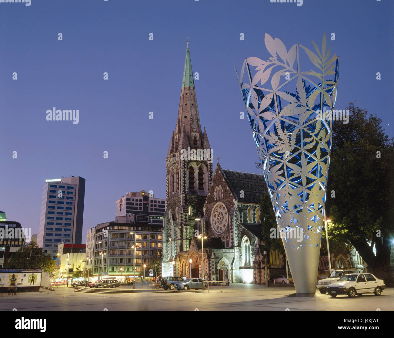 Nouvelle Zélande, île du sud, Christchurch, la cathédrale, la sculpture, l'éclairage, l'île de nuit, la Nouvelle-Zélande, la place de la cathédrale, l'église, l'église, de la construction, de l'architecture sacrée, point d'intérêt, paysage urbain Banque D'Images