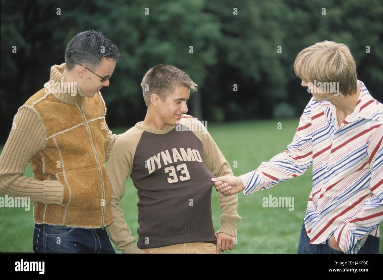 Pré, adolescent, animation, geste, shirt, portrait à l'extérieur de la moitié, les jeunes, les garçons, parc, loisirs, amis, amitié, entretenir, conversation, ensemble, s'accouple, négligemment, de manière informelle, laxly, en passant, de le harceler, de le prendre à Banque D'Images