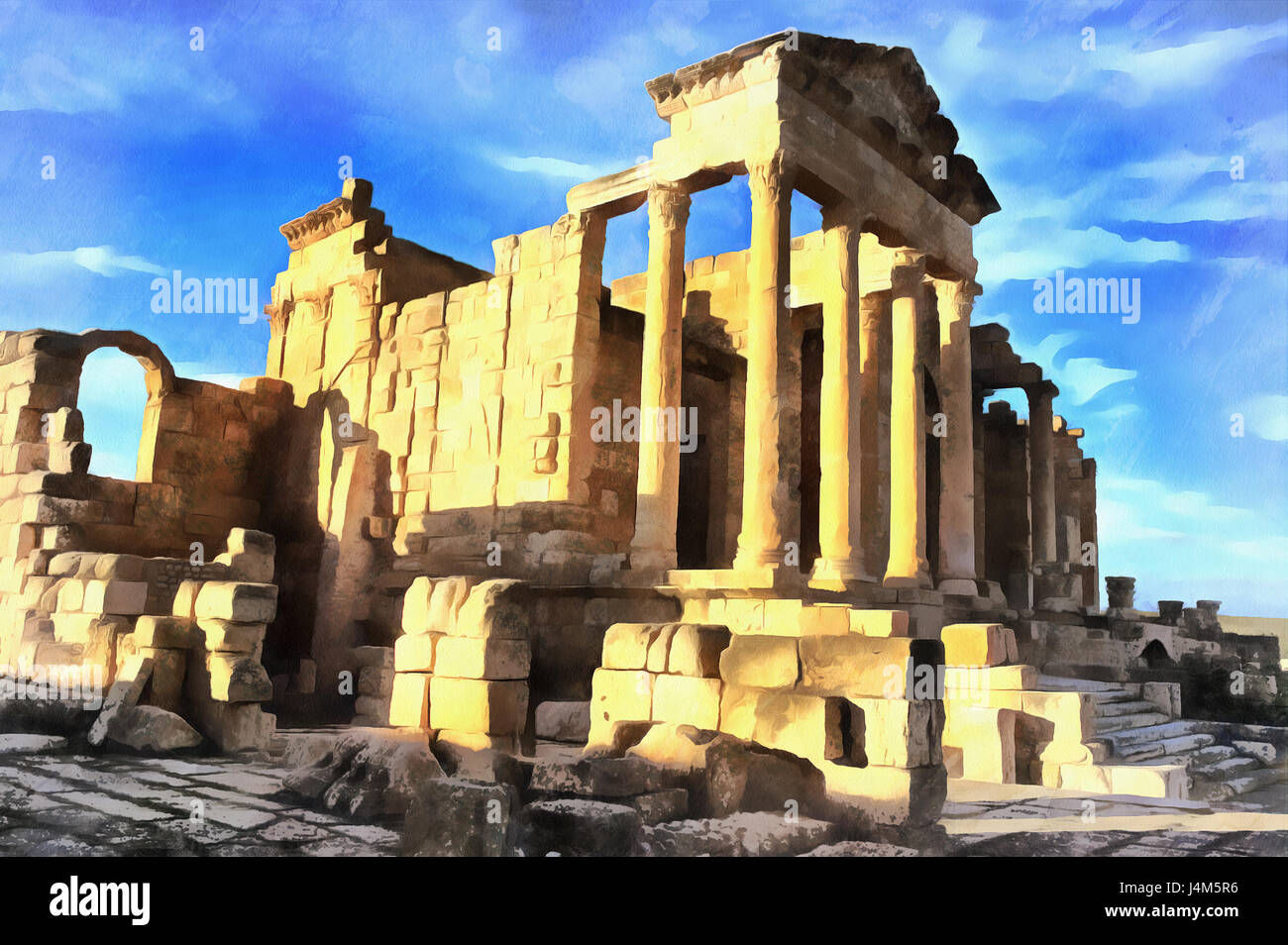 Peinture colorée de temple principal, Dougga (Thugga), Tunisie Banque D'Images