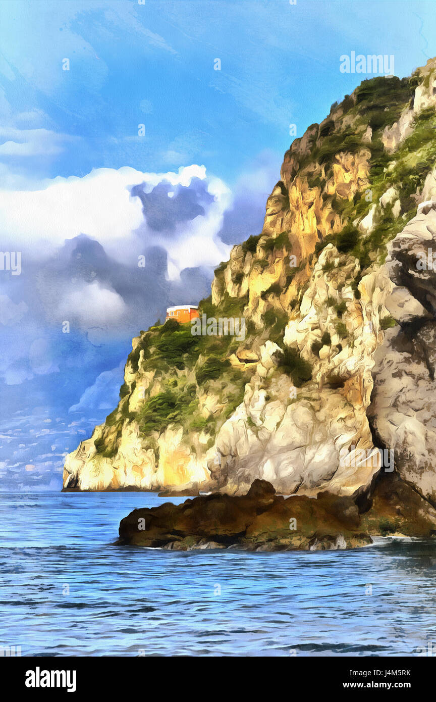 Beau paysage marin avec cliff, peinture haute en couleur côte amalfitaine, Campanie, Italie Banque D'Images