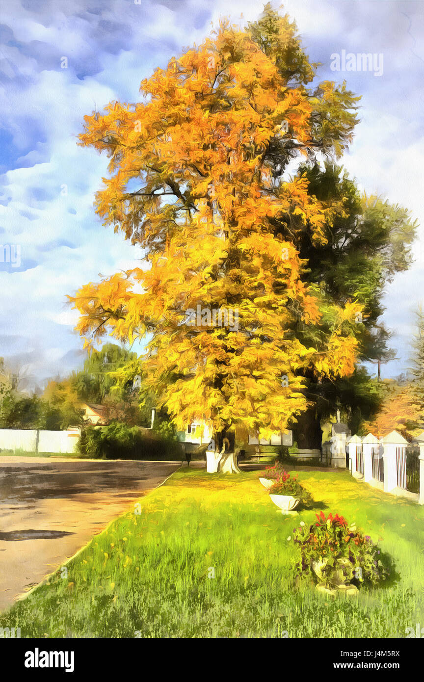 Peinture colorée de chêne avec des feuilles d'automne jaune Banque D'Images