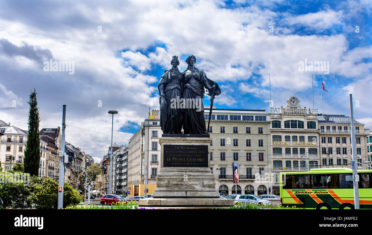 Genève, Suisse. 13 avril, 2016. Statue commémorant l'union de la République et canton de Genève à la Confédération suisse sur la promenade du lac, à l'e Banque D'Images