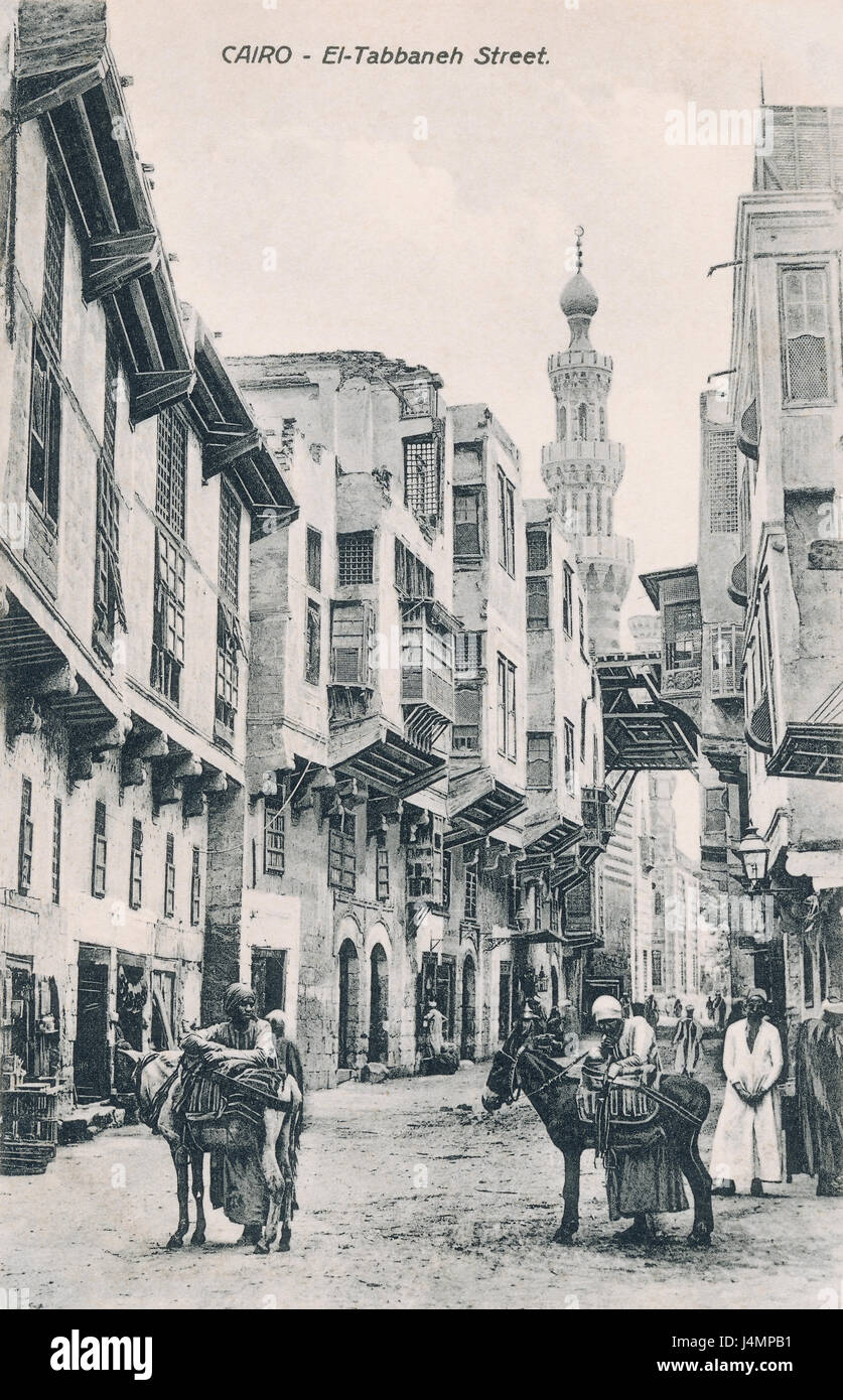 Carte postale vintage de El-Tabbaneh dans la rue du Caire. Banque D'Images