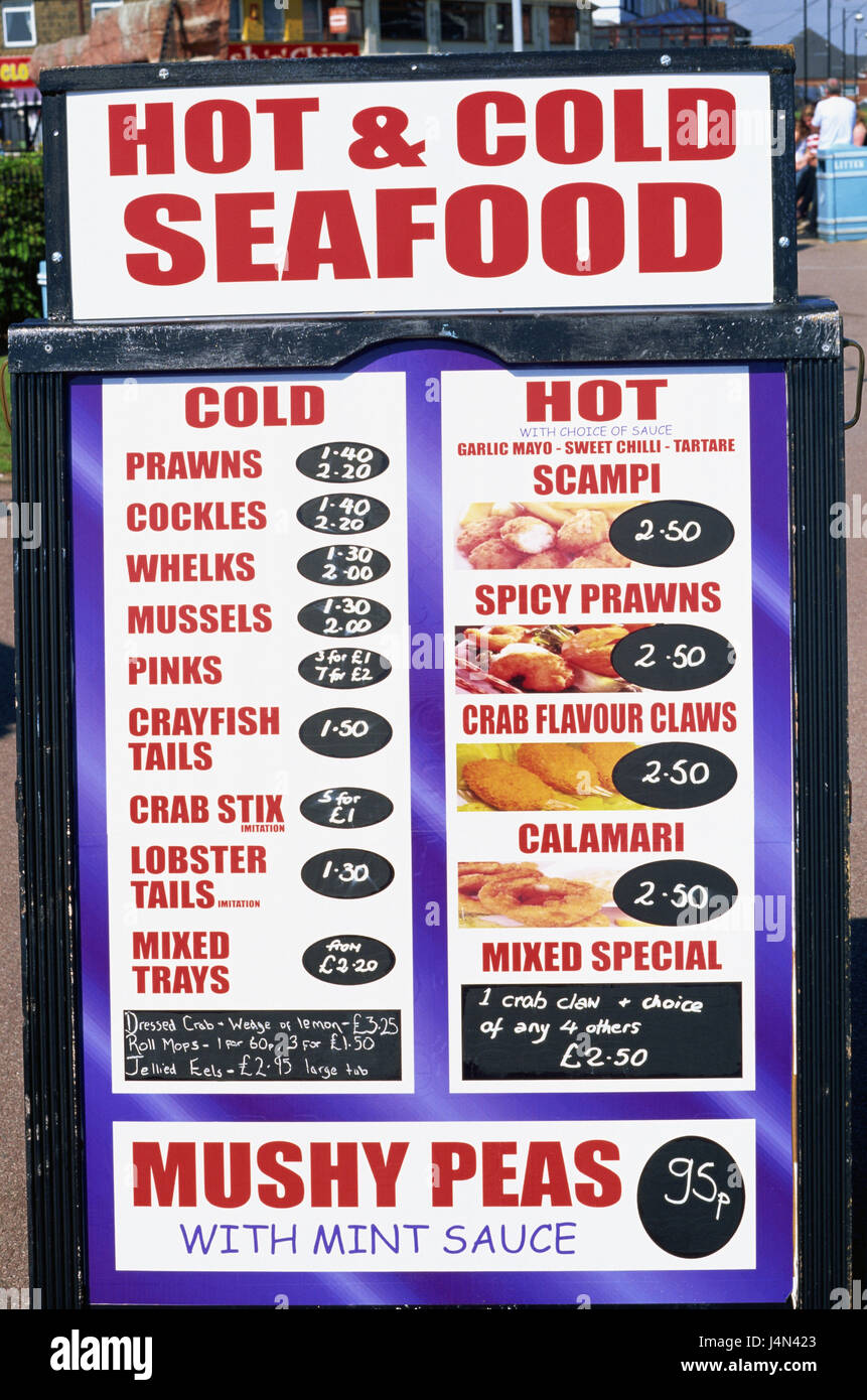 La Grande-Bretagne, l'Angleterre, Lincolnshire, Skegness, restaurant, signe, menu, Banque D'Images