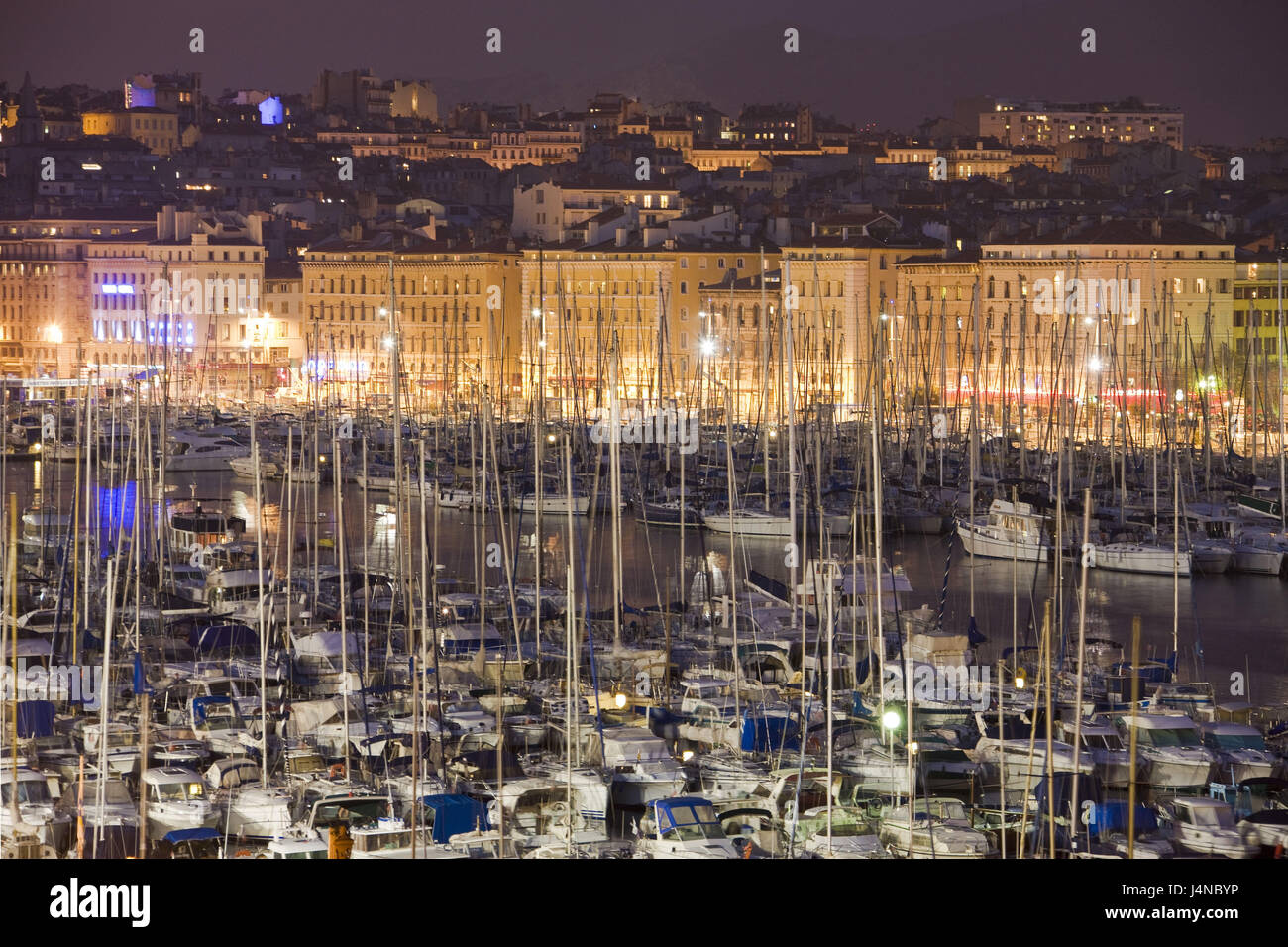 France, Marseille, ville, port, l'éclairage, le soir, Banque D'Images