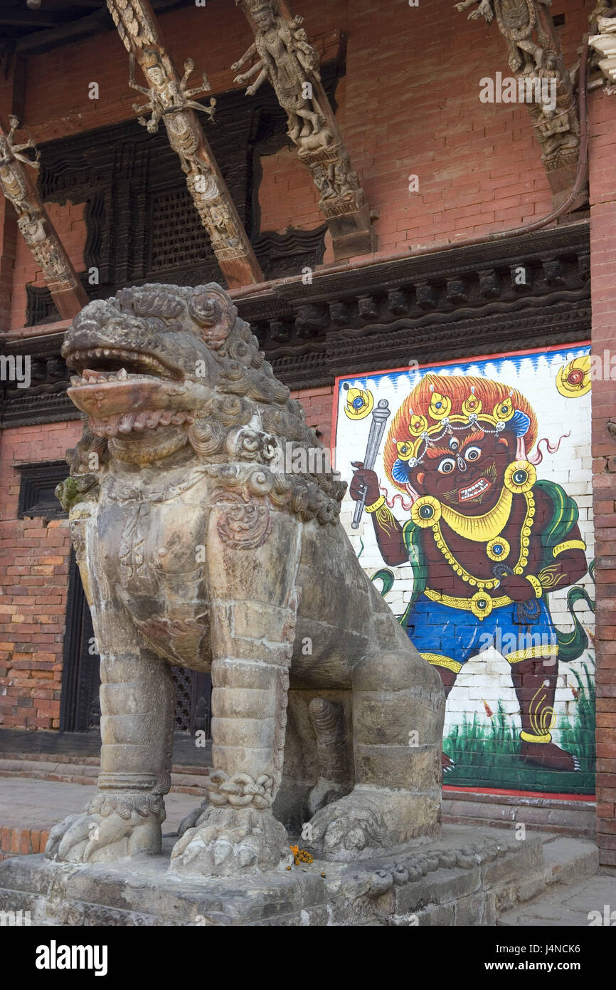 Le Népal, Patan, Durbar Square, temple, sculpture du lion, Banque D'Images