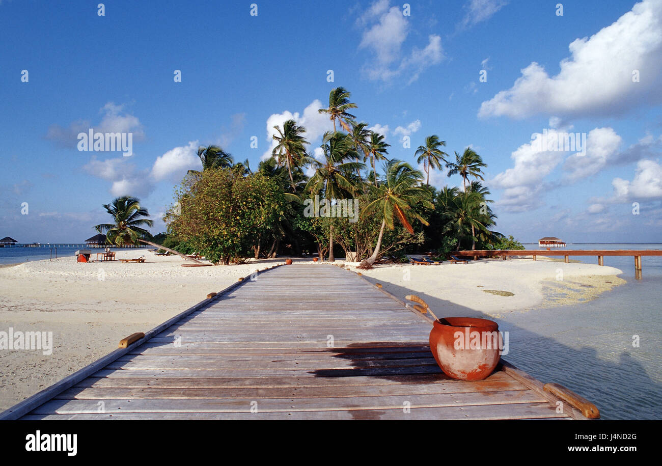 Maldives island, plage, pont, ton navire, Banque D'Images