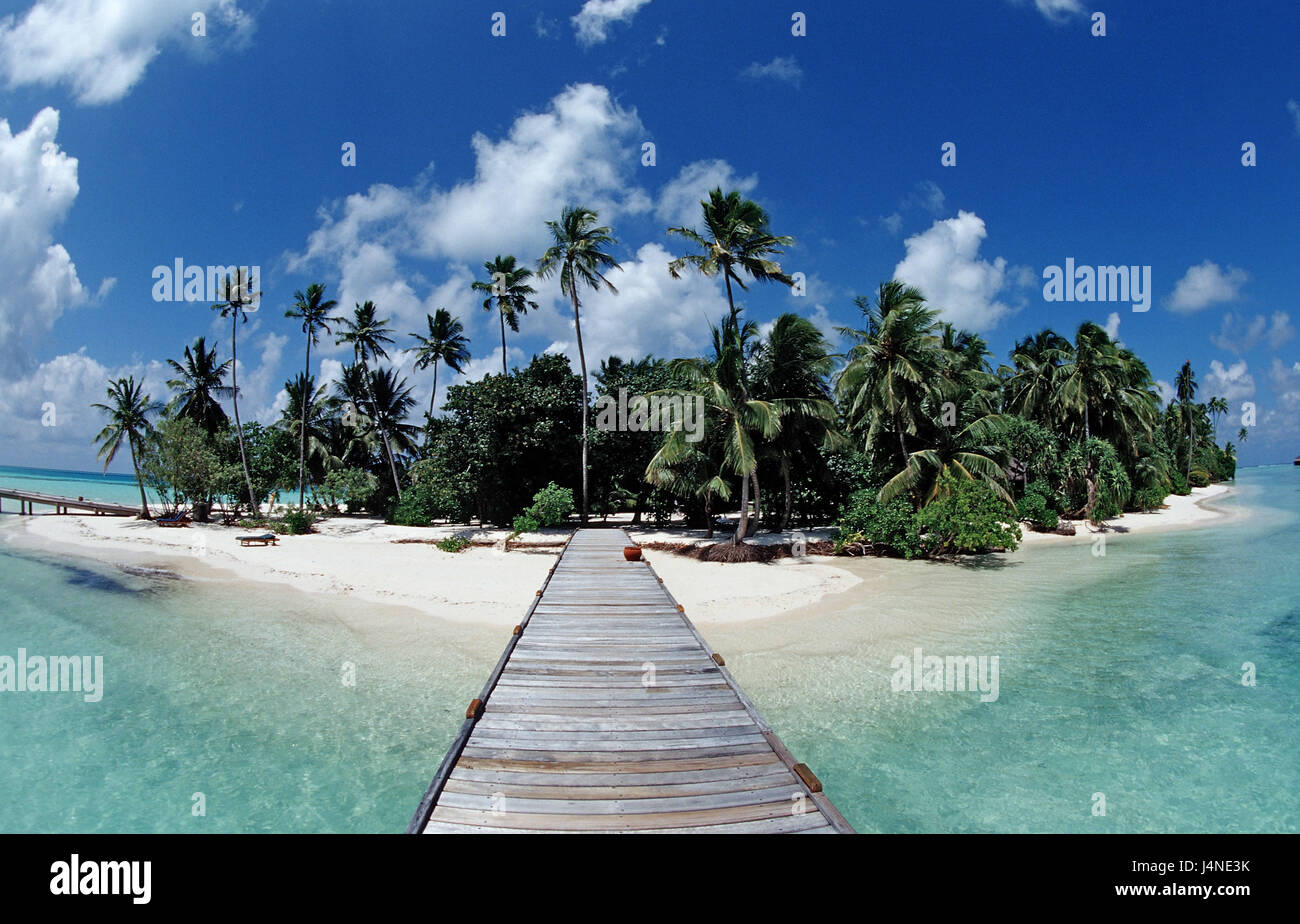 Maldives island, plage, pont, ton navire, Banque D'Images