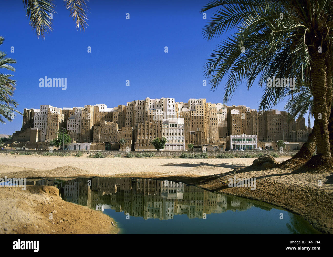 Le Yémen, Wadi Hadramaout, Schibam, vue sur la ville, le Proche Orient, Shibam, Yémen, l'Est, l'Hadramaout, Hadramaut a, ville, Architecture, bâtiment, historiquement, mucky building, mucky, maisons du patrimoine culturel mondial de l'UNESCO, périphérie, de l'eau, la piscine, les palmiers, Banque D'Images