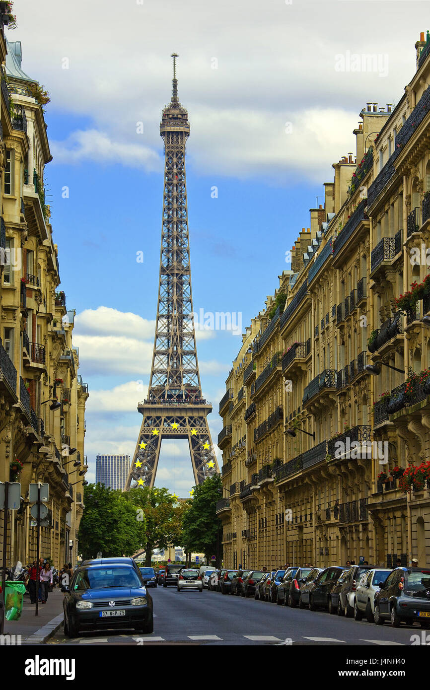 France, Paris, Tour Eiffel, terrasse, voitures, rue, parc, Banque D'Images