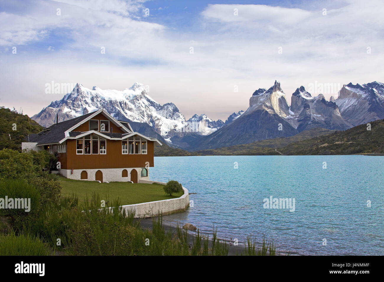 Le Chili, la Patagonie, le Parc National Torres del Paine, Hosteria Pehoe, Lago Pehoe, Banque D'Images