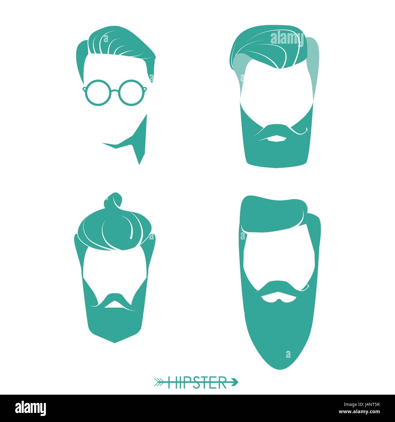 Jeu de coupe de cheveux homme hipster, barbes, moustaches. Conception simple pour logo, silhouette. Vector illustration. Illustration de Vecteur