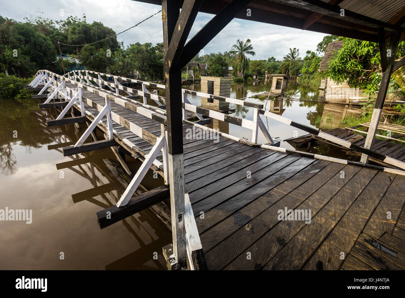 Pont d'ironwood construit pour résister à l'épreuve du temps enjambant une rivière à Bornéo tropical avec des toilettes flottantes, d'arbres tropicaux et de la nature au village Dayak Banque D'Images