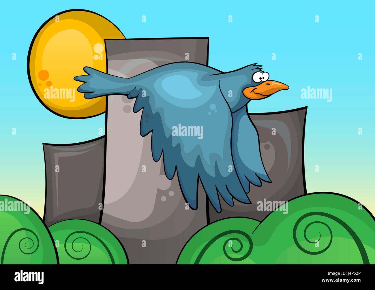 Oiseau bleu sur le fond de paysage urbain. Illustration de Vecteur