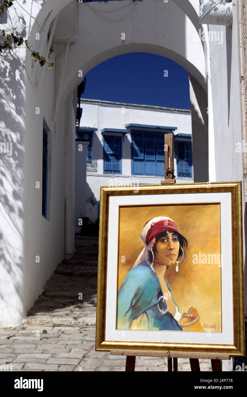 La Tunisie, Sidi Bou Said, Vieille Ville, chevalet, peinture, Banque D'Images