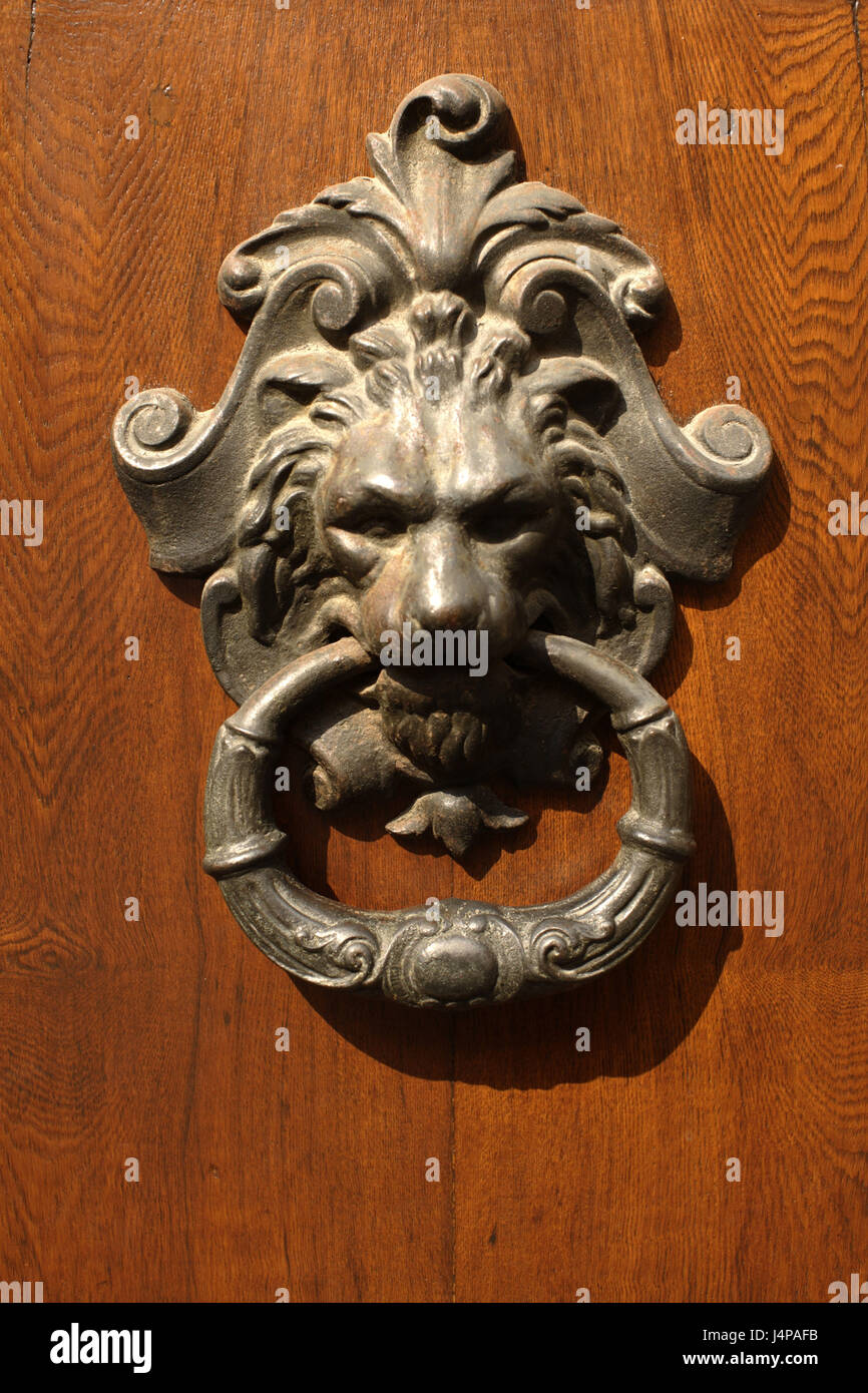 Doorknocker de porte, tête de lion, Banque D'Images