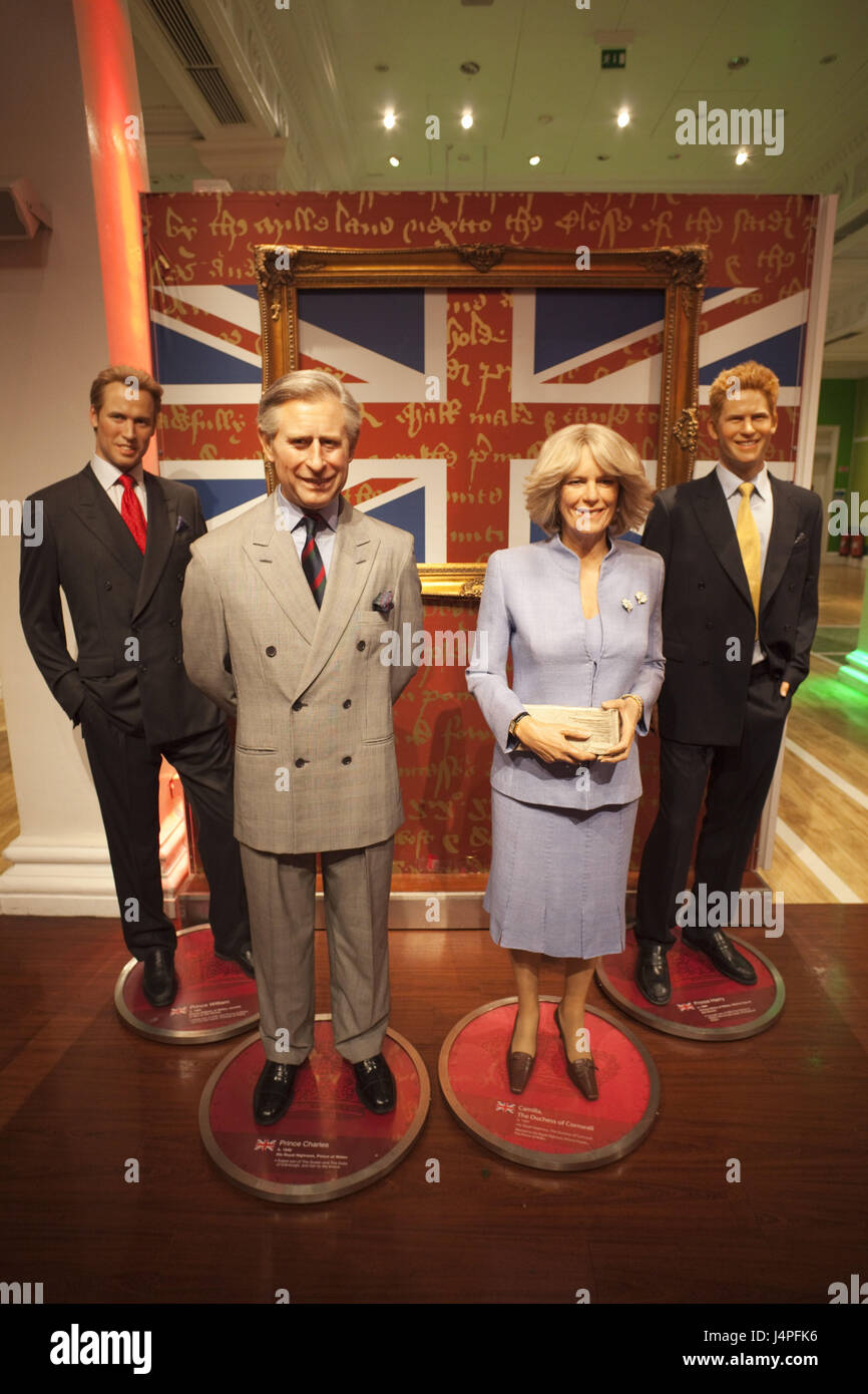 La Grande-Bretagne, l'Angleterre, Londres, Madame Tussaud's wax, cabinet du personnage, le Prince Charles, Camilla Parker Bowles, le Prince William, le Prince Henry, Banque D'Images