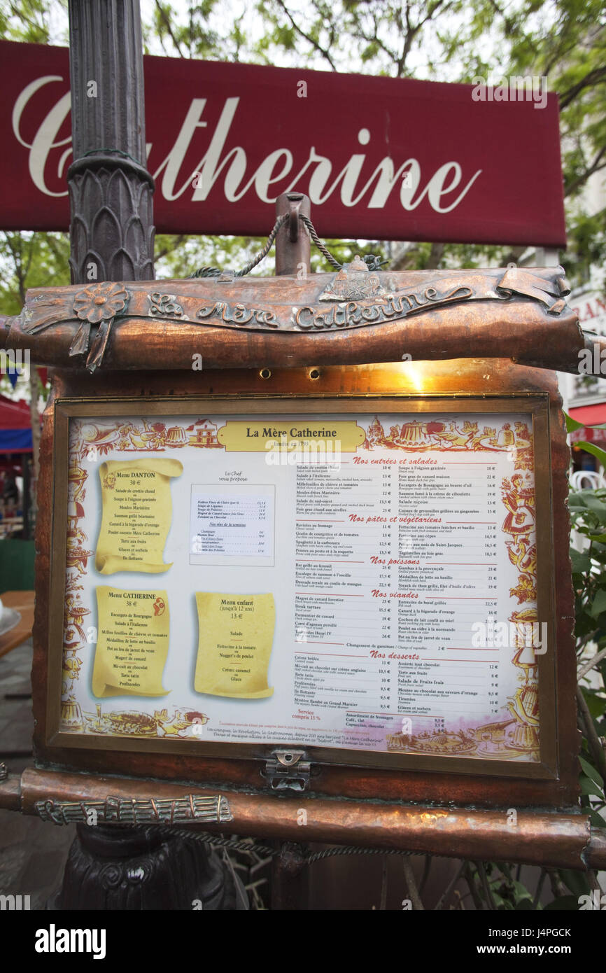 France, Paris, restaurant, vitrine, menu, Banque D'Images