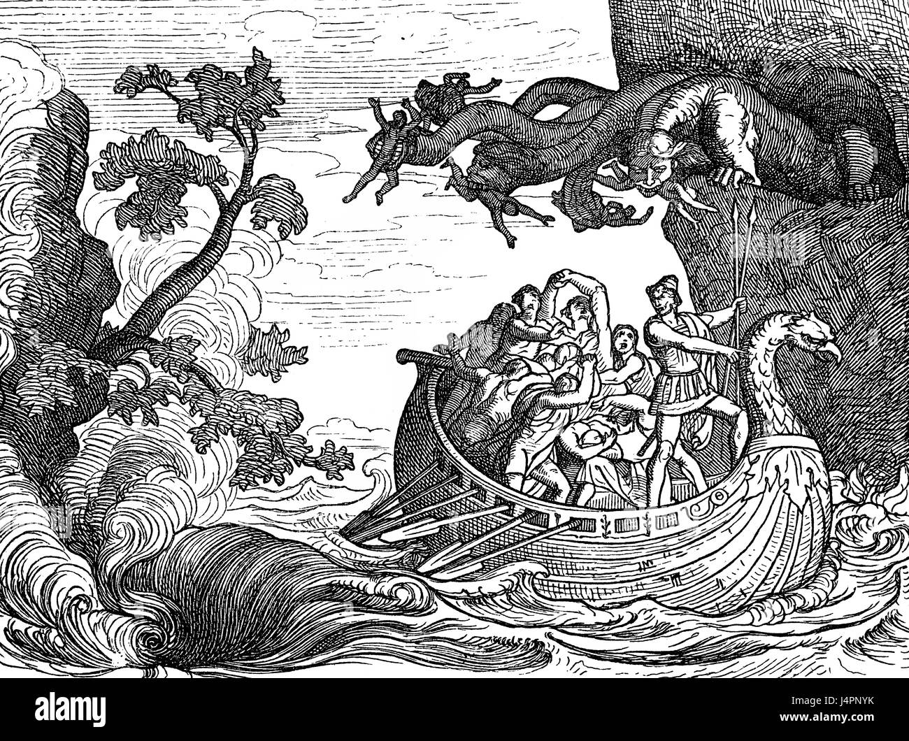 Les six chefs de Monster et le tourbillon Scylla Charybde, l'Odyssée d'Homère Banque D'Images