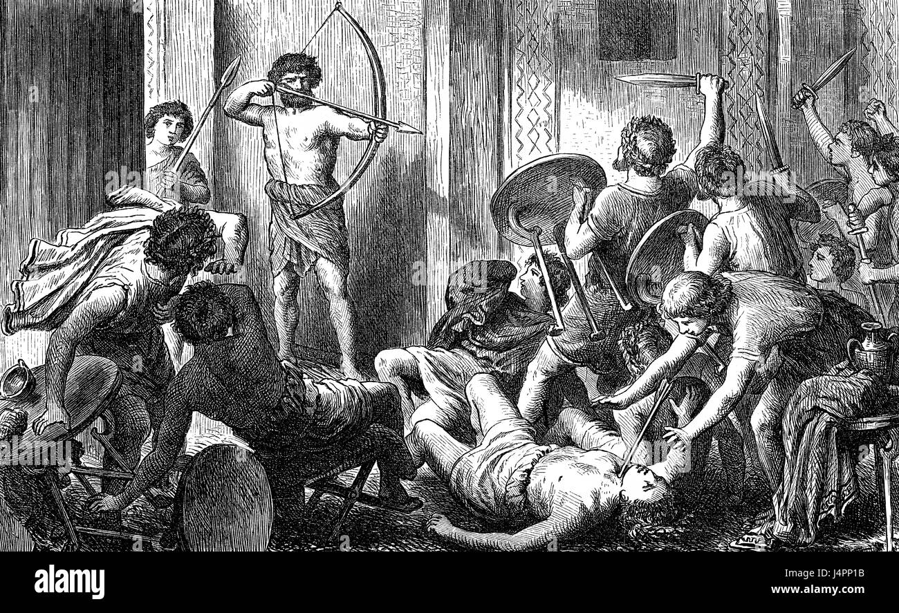 L'abattage de l'prétendants de Pénélope par Ulysse et Télémaque, l'Odyssée d'Homère Banque D'Images