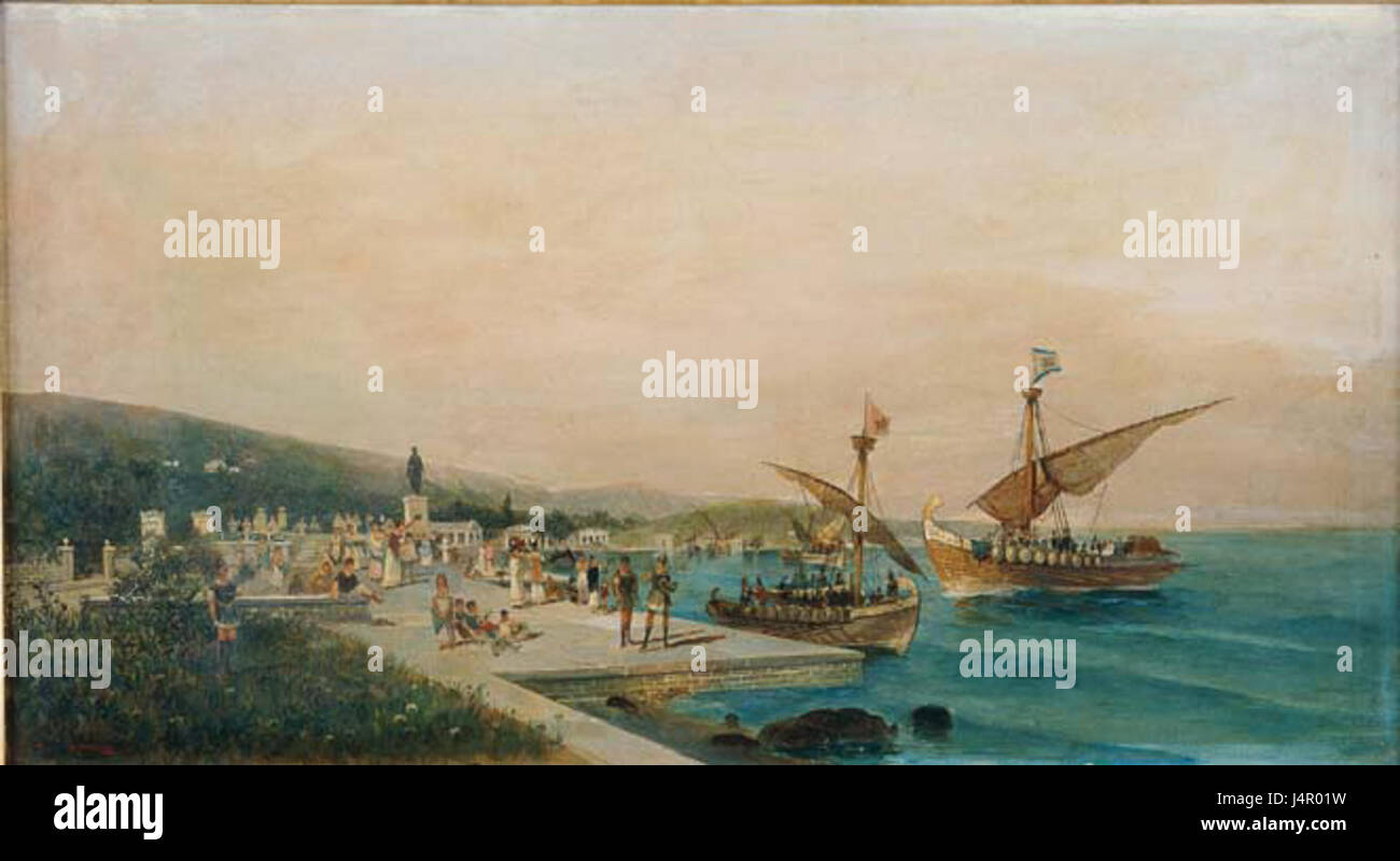 Volanakis fait référence aux œuvres d'un artiste éminent du XIXe siècle, connu pour ses peintures maritimes. Ses œuvres se concentrent sur des représentations détaillées de navires et de batailles maritimes, reflétant l'histoire navale et le romantisme de l'époque. Ses contributions à l'art ont capturé la puissance et le drame de la mer, influençant l'art maritime en Europe. Banque D'Images