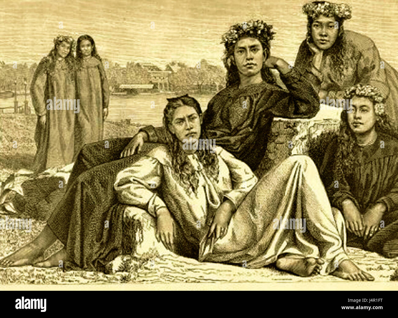 Cette photographie de 1882 montre des jeunes femmes de Tahiti, reflétant la vie culturelle et sociale de la région à la fin du XIXe siècle. Il donne un aperçu des traditions, des vêtements et du mode de vie du peuple tahitien pendant cette période. Banque D'Images