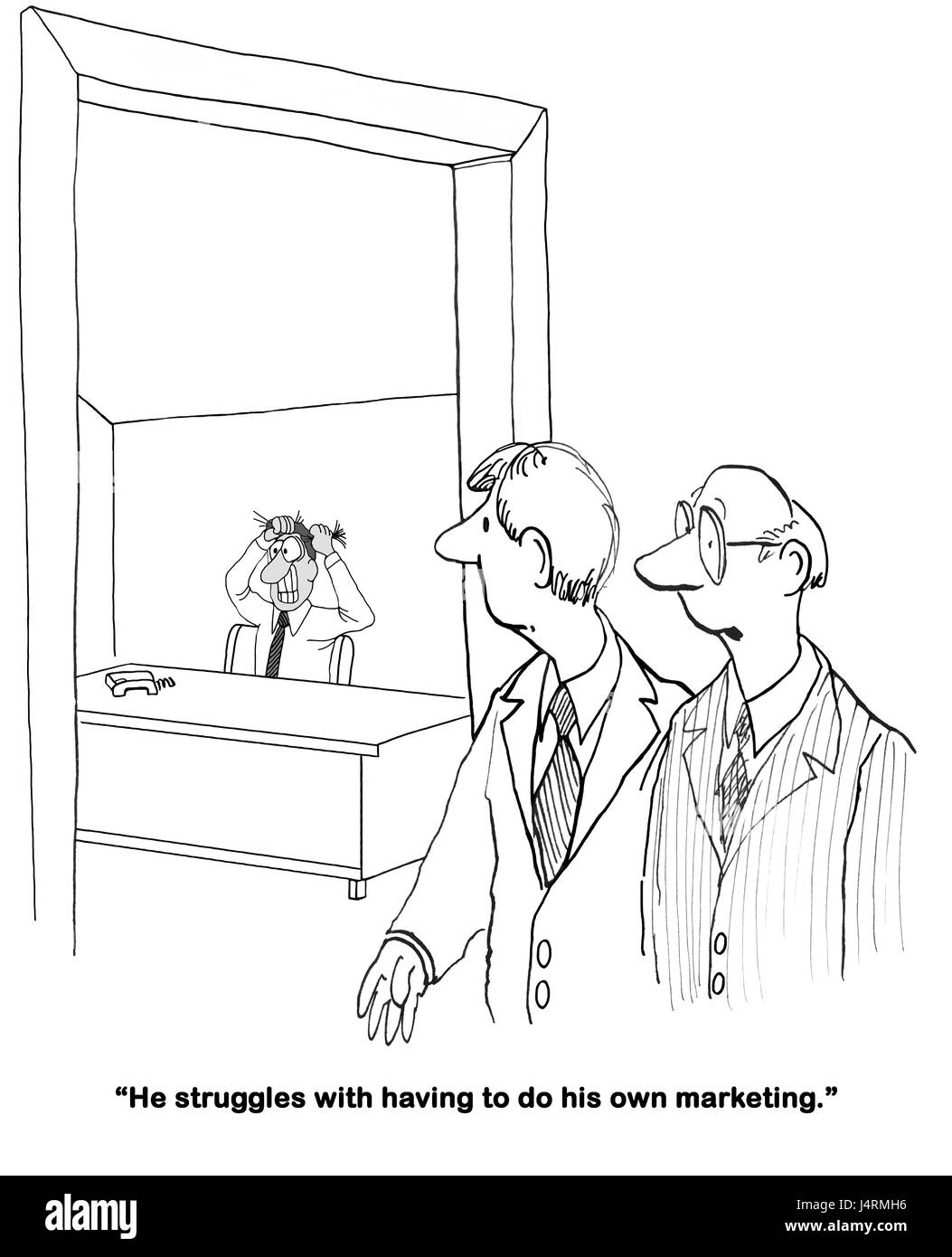 Caricature sur un entrepreneur qui ne sait pas faire son propre marketing. Banque D'Images