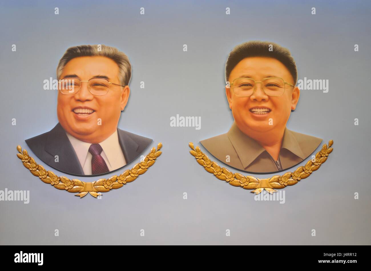 Peinture des dirigeants nord-coréens Kim Il-sung et son péché, Kim Jong-il Banque D'Images