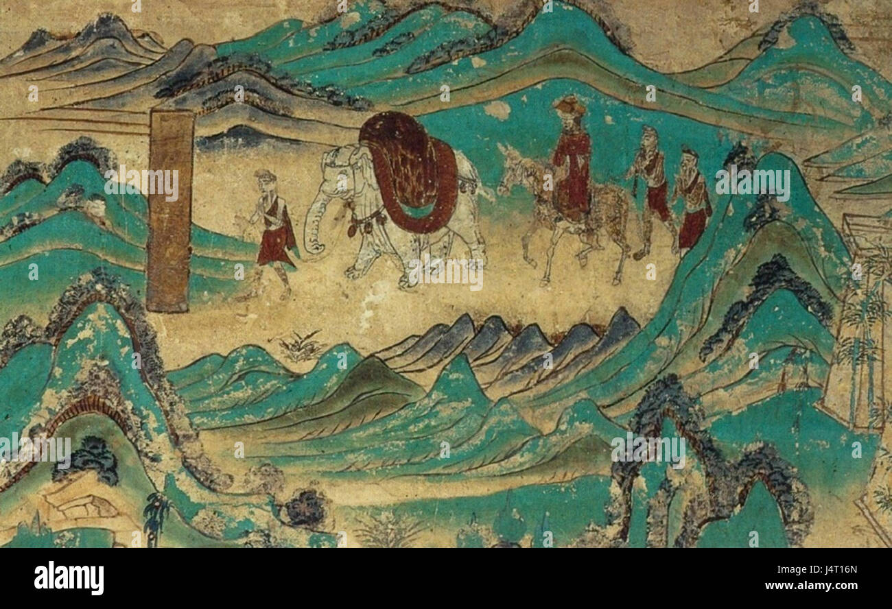 Une fresque murale dans la grotte de Dunhuang 103 représentant le retour de Xuanzang d'Inde pendant la période des Hautes Tang (712-765), mettant en valeur un moment important de l'histoire religieuse et culturelle chinoise. Banque D'Images