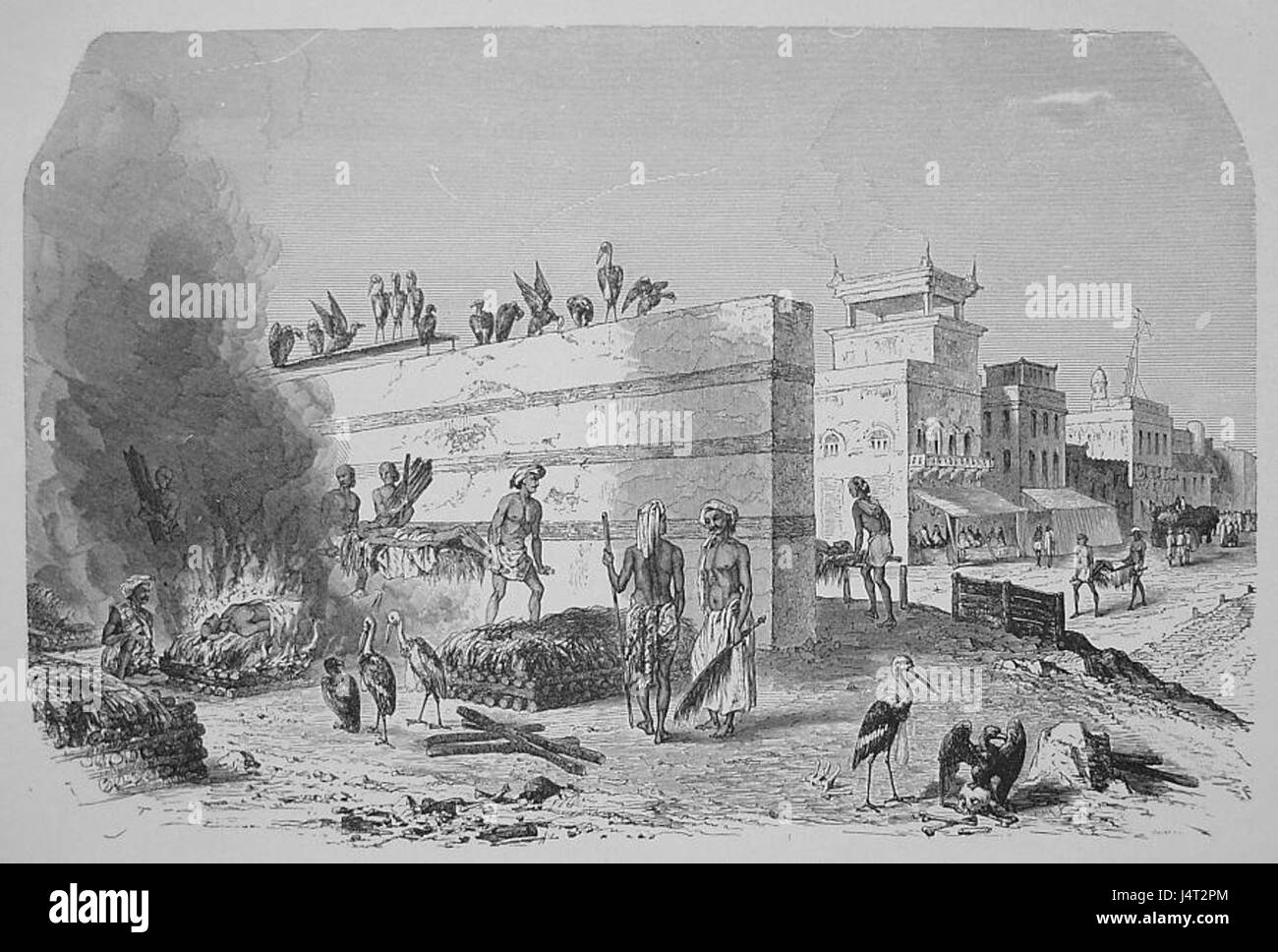 La gravure sur bois de Selmar Hess de 1877 représente le ghat de crémation à Calcutta, un site culturel et religieux important en Inde. L'image capture les rituels solennels associés aux cérémonies de crémation hindoues sur les rives de la rivière Hoosely. Banque D'Images La gravure sur bois de Selmar Hess de 1877 représente le ghat de crémation à Calcutta, un site culturel et religieux important en Inde. L'image capture les rituels solennels associés aux cérémonies de crémation hindoues sur les rives de la rivière Hoosely. Banque D'Images