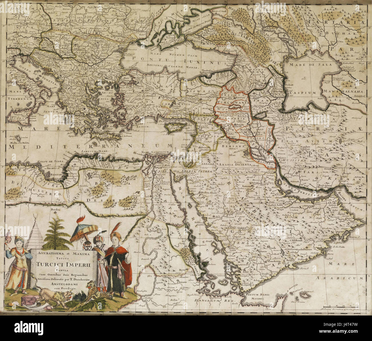 Turcici imperii tabula est une carte représentant l'Empire ottoman. La carte fournit une vue historique des territoires de l'empire, des frontières géographiques et de l'influence pendant son apogée, utile pour comprendre l'histoire et l'expansion ottomanes. Banque D'Images