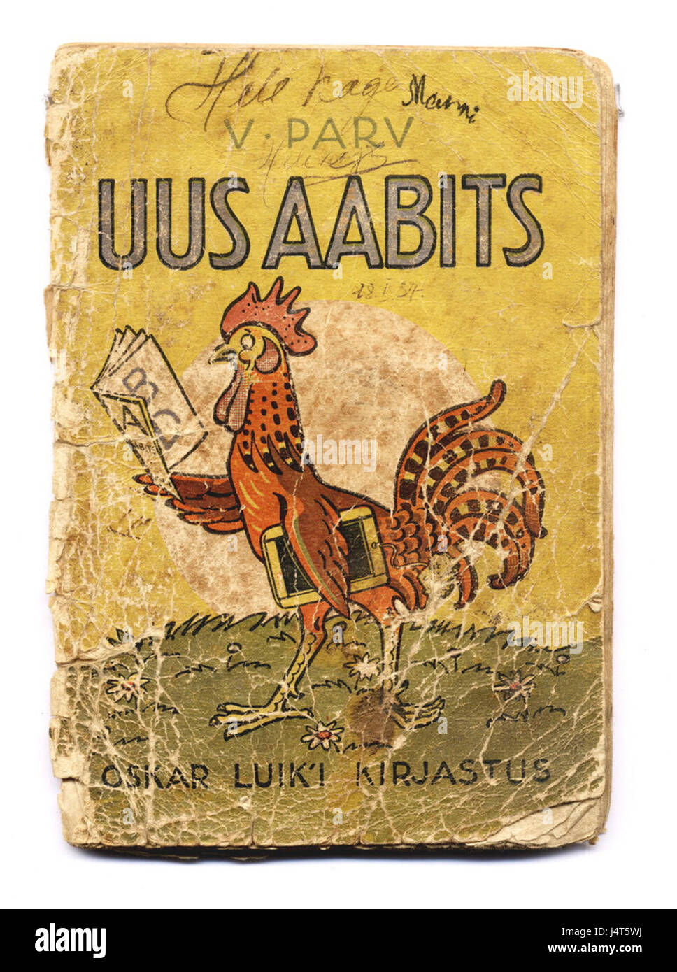 Il s'agit du manuel scolaire estonien 'Uus aabits', publié en 1931, un lecteur d'école primaire utilisé pour enseigner la lecture et l'écriture en Estonie à cette époque. Banque D'Images