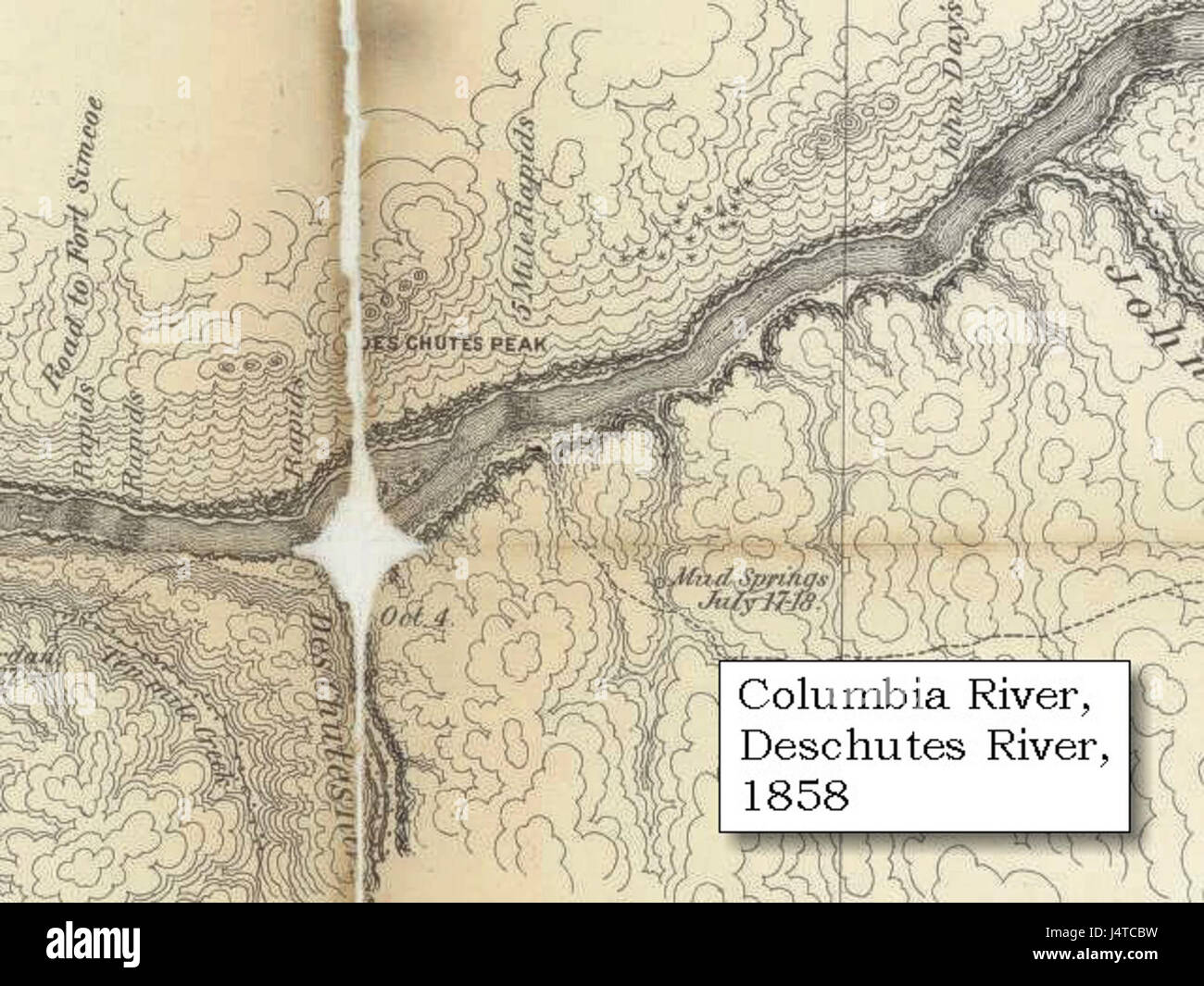 Il s'agit d'une carte historique de la région de la rivière Deschutes, créée en 1858 et conservée dans les archives de l'Université de Washington. La carte donne un aperçu de la géographie et du développement de la région au milieu du XIXe siècle. Banque D'Images