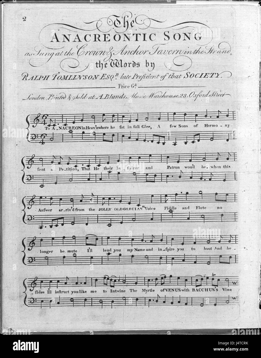 The Anacreontic Song est une chanson britannique du XVIIIe siècle qui est devenue la mélodie de l'hymne national américain The Star-Spangled Banner. La page 1 du songâ€™s présente les paroles et la notation musicale de cette pièce populaire. Banque D'Images