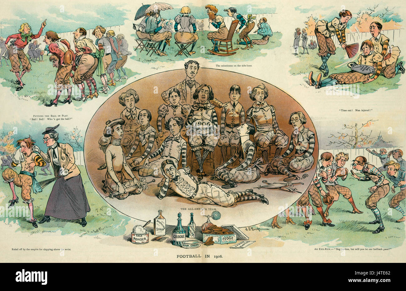 En 1906 Football - L'illustration montre une légère regarder le jeu du football comme s'il était joué par les hommes de natures dainty efféminés. Caricature politique Banque D'Images