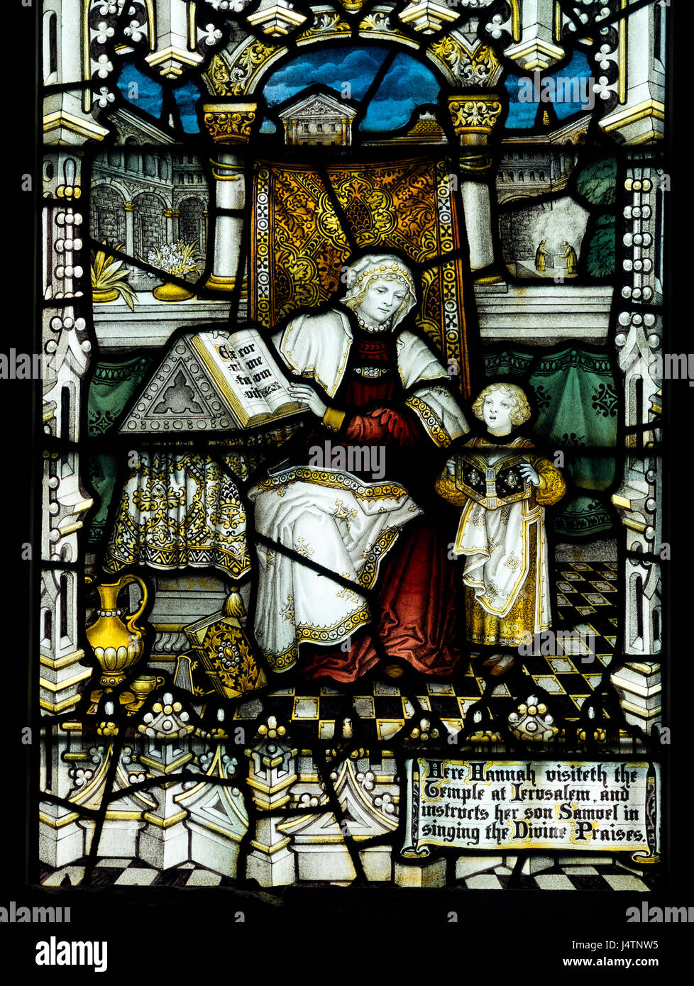Hannah demandant à Samuel dans le temple de vitraux, l'église All Saints, Marlow, Buckinghamshire, England, UK Banque D'Images