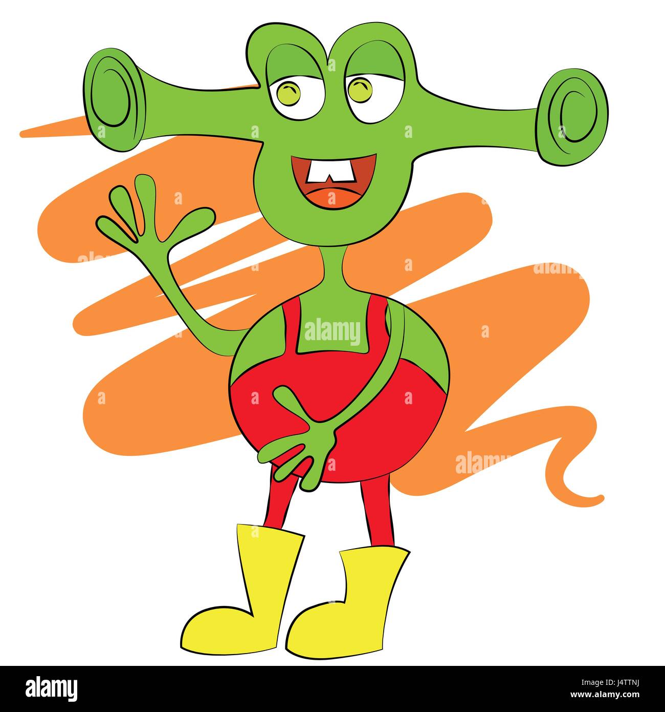 Cartoon cute green alien avec grand sourire et les oreilles. Illustration de Vecteur