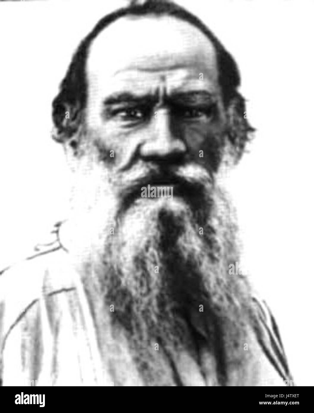 Portrait en noir et blanc de Léon Tolstoï, célèbre auteur russe, connu pour ses œuvres telles que *Guerre et paix* et *Anna Karénine*. L'image capture son expression digne et contemplative. Banque D'Images