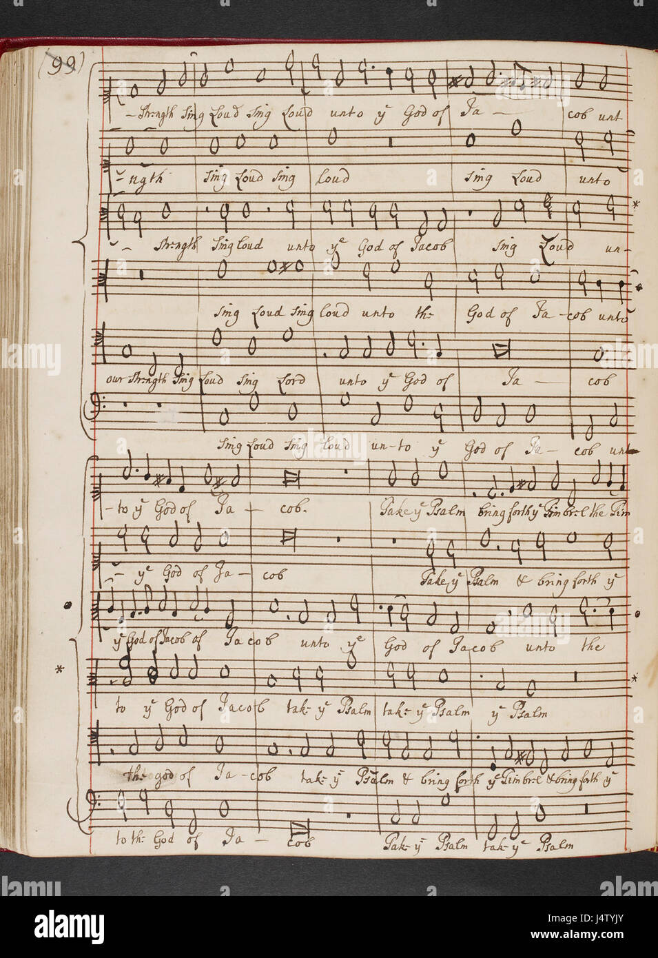 Ce manuscrit musical de William Byrd présente l'hymne *Sing joyeusement Unto God Our Strength*, mettant en valeur la composition chorale de Byrd. C'est un exemple important de musique anglaise de la Renaissance, conservée à la British Library. Banque D'Images