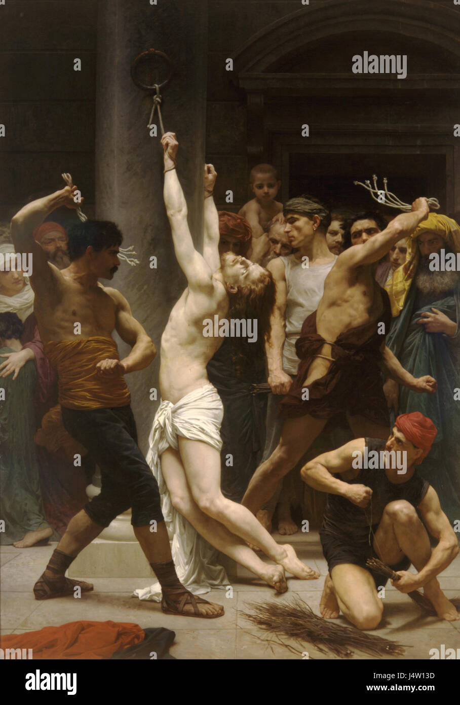 William Adolphe Bouguereauâ€™ 'la flagellation de notre Seigneur Jésus Christ' (1880) est une peinture emblématique représentant la souffrance du Christ pendant sa passion. La maîtrise de la forme humaine et de la profondeur émotionnelle de Bouguereauâ€™ fait de ce travail un exemple significatif de réalisme académique. Banque D'Images
