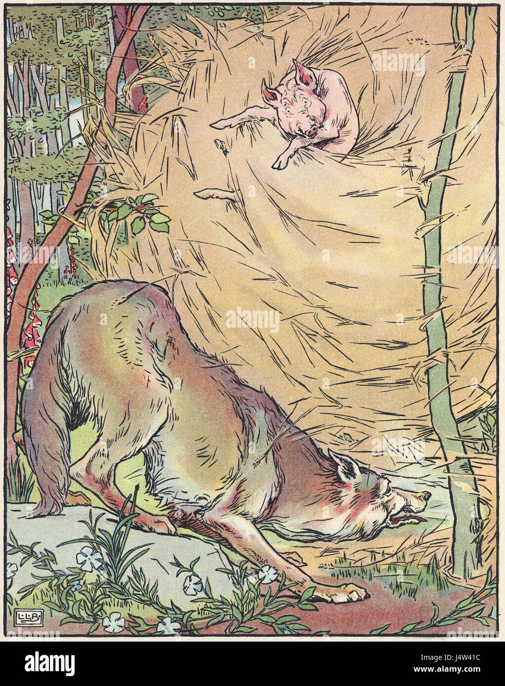 Cette illustration de l'édition de 1904 de 'les trois petits cochons' représente la maison de paille construite par l'un des cochons dans le conte de fées classique. L'histoire illustre les thèmes du travail acharné et de la persévérance. Banque D'Images