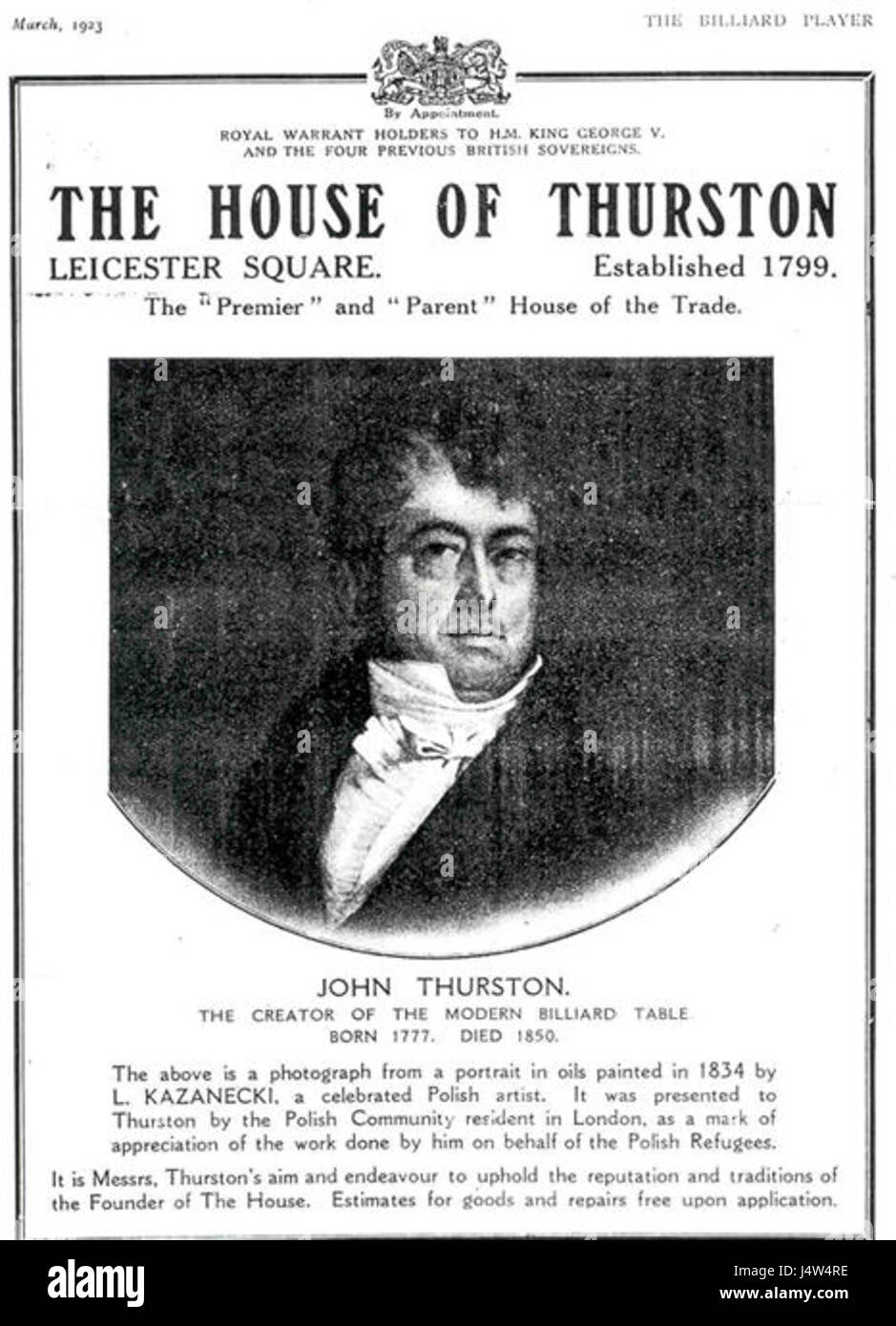 Thurston Billard Portrait de John Thurston Royal comme titulaire Banque D'Images