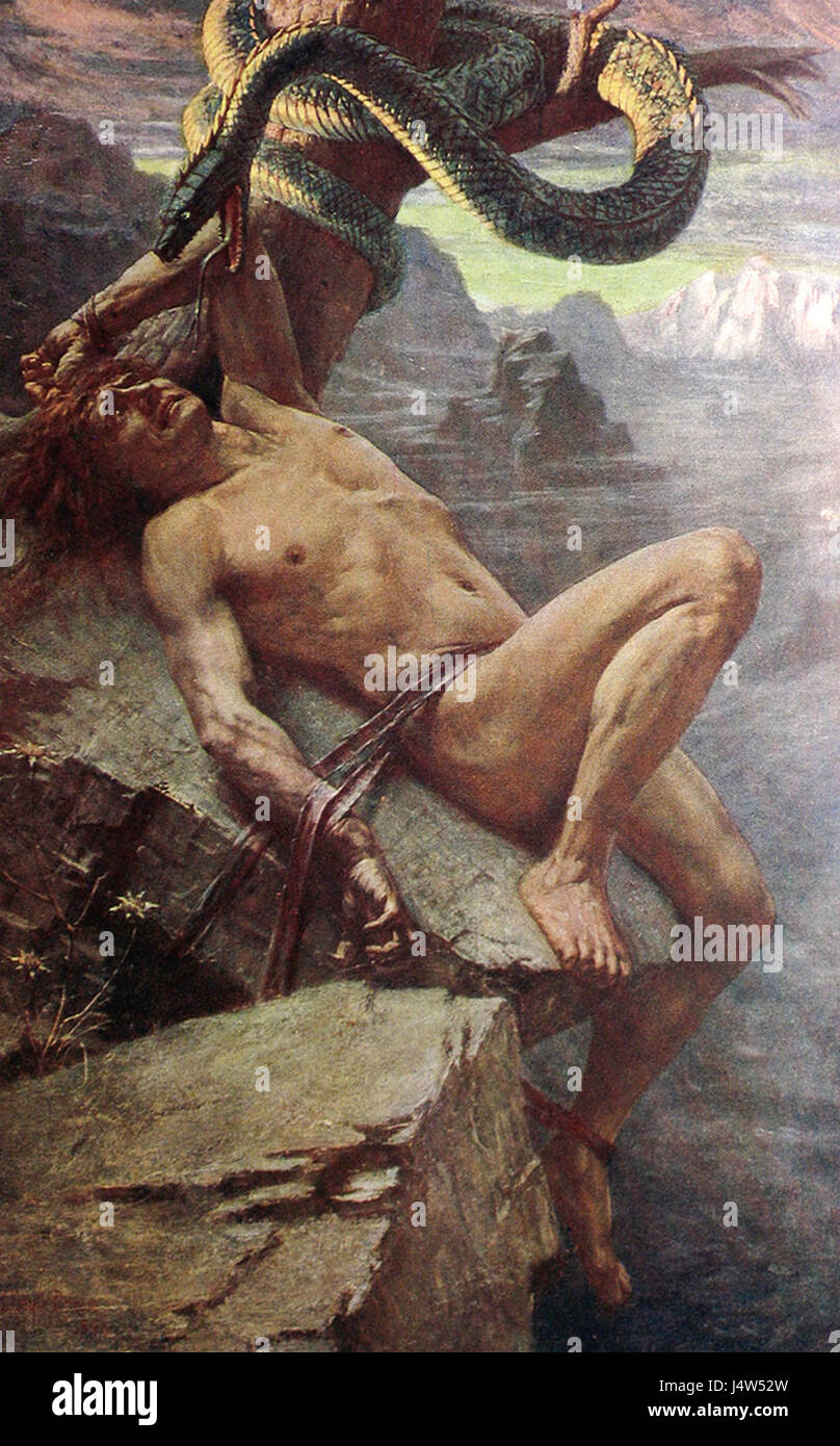 La punition de Loki fait référence à l'histoire mythologique nordique où Loki, un Dieu tricheur, est lié comme punition pour avoir causé le chaos parmi les dieux. Il fait partie de la riche tradition de la mythologie nordique. Banque D'Images