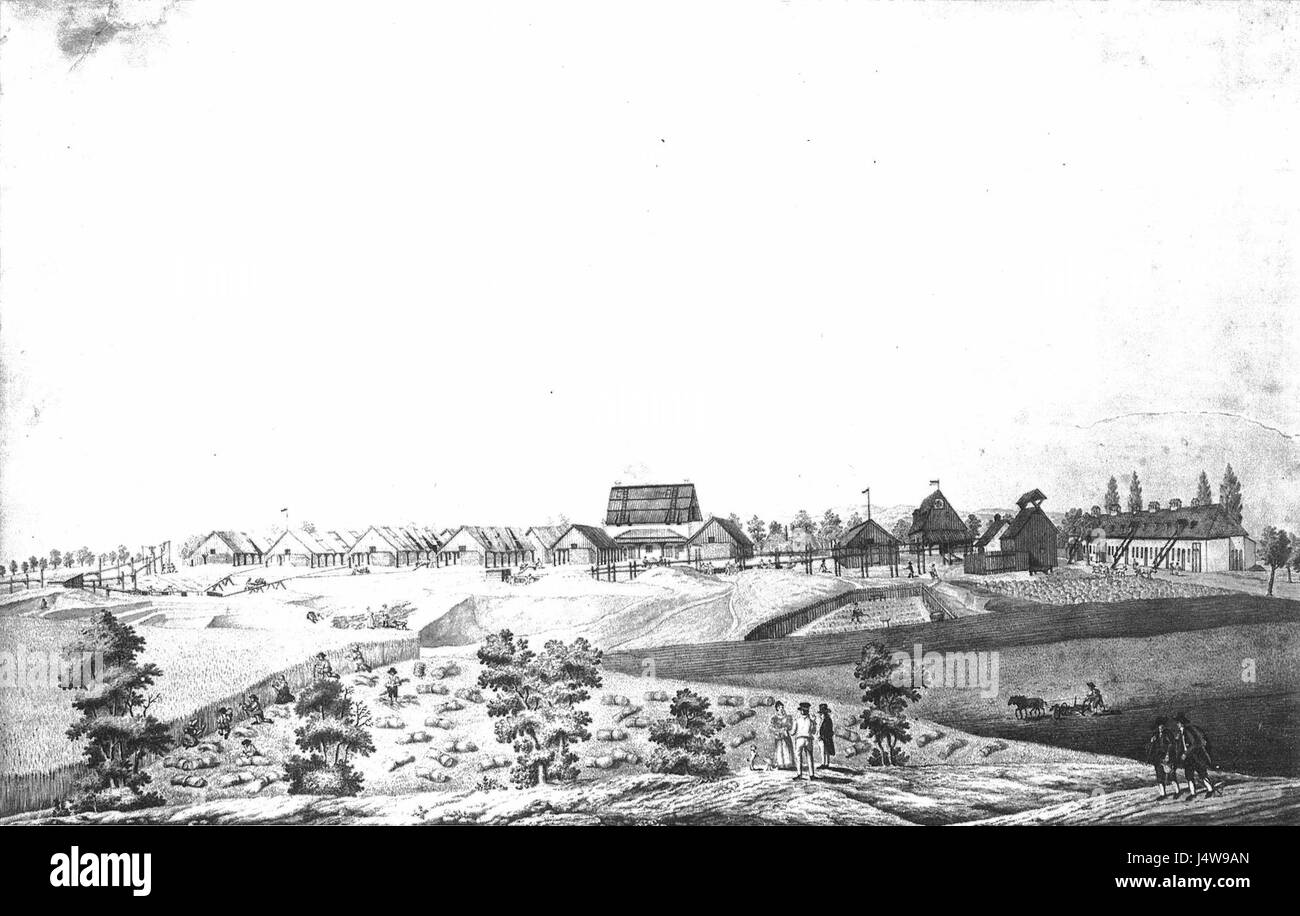 Cette image historique représente Wienerberg, une région près de Vienne, vers 1815. Il montre le paysage et l'architecture de la région, reflétant les conditions sociales et économiques de l'époque en Autriche au début du XIXe siècle. Banque D'Images