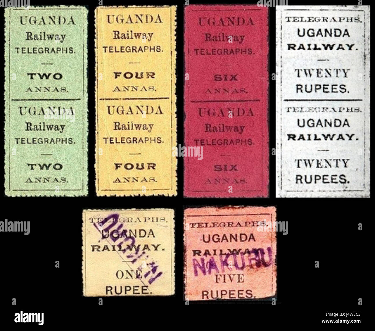 Cette série de timbres ougandais, émise en 1902, représente le système ferroviaire et télégraphique, symbolisant les premières infrastructures de communication et de transport du pays pendant la domination coloniale britannique. Banque D'Images